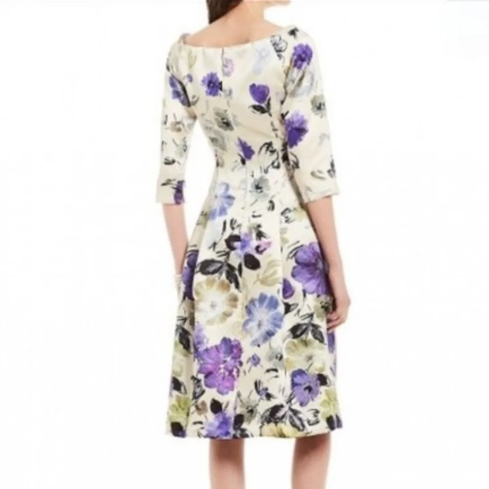 Alex Marie Purple Cream Green Floral Pleated Satin Knee Length Cocktail Dress 2